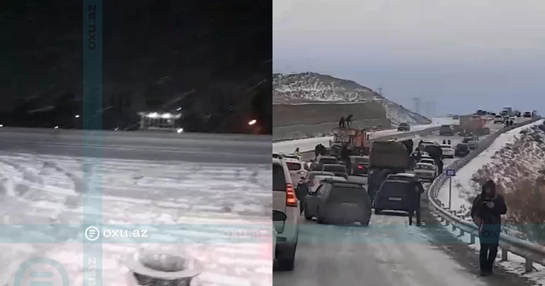 Qar və şaxtalı hava Bakı-Şamaxı yolunda hərəkəti iflic etdi: Sürücülər saatlarla yolda qaldılar