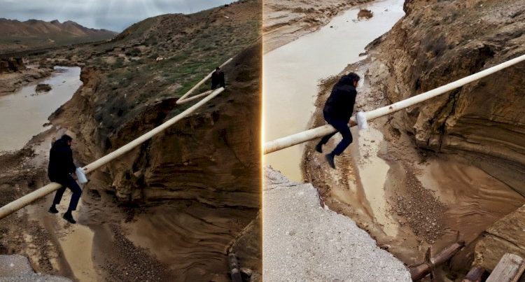 Sel körpünü apardı – İnsanlar borunun üzərindən keçib gedirlər + VİDEO